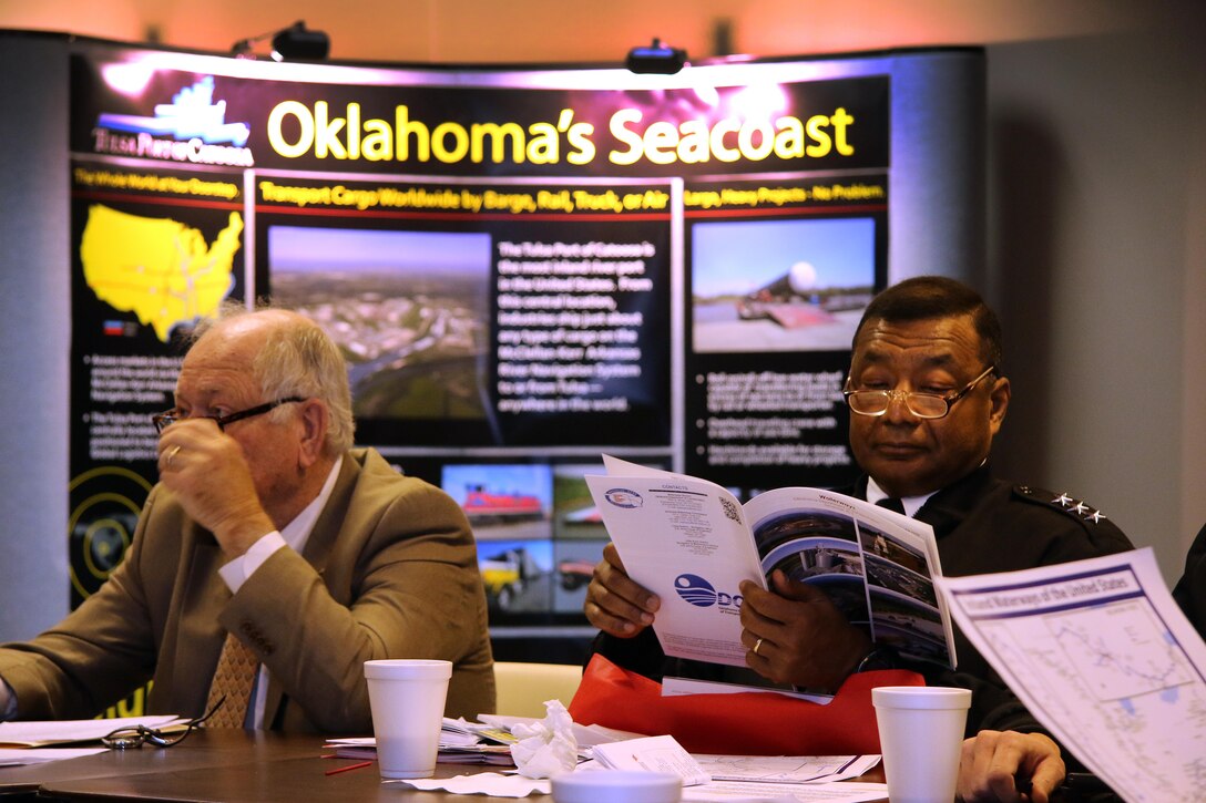 U.S. Army Chief of Engineers and Commanding General of the U.S. Army Corps of Engineers Lt. Gen. Thomas P. Bostick, views informational material on the McClellan Kerr Arkansas River Navigation System while attending a stakeholder meeting Dec. 8, 2015 at the Tulsa Port of Catoosa.  Bostick visited the Tulsa District to thank district employees for their hard work in meeting challenging mission requirements and maintaining positive stakeholder relationships.  (U.S. Army Photo by Preston L. Chasteen/Released)