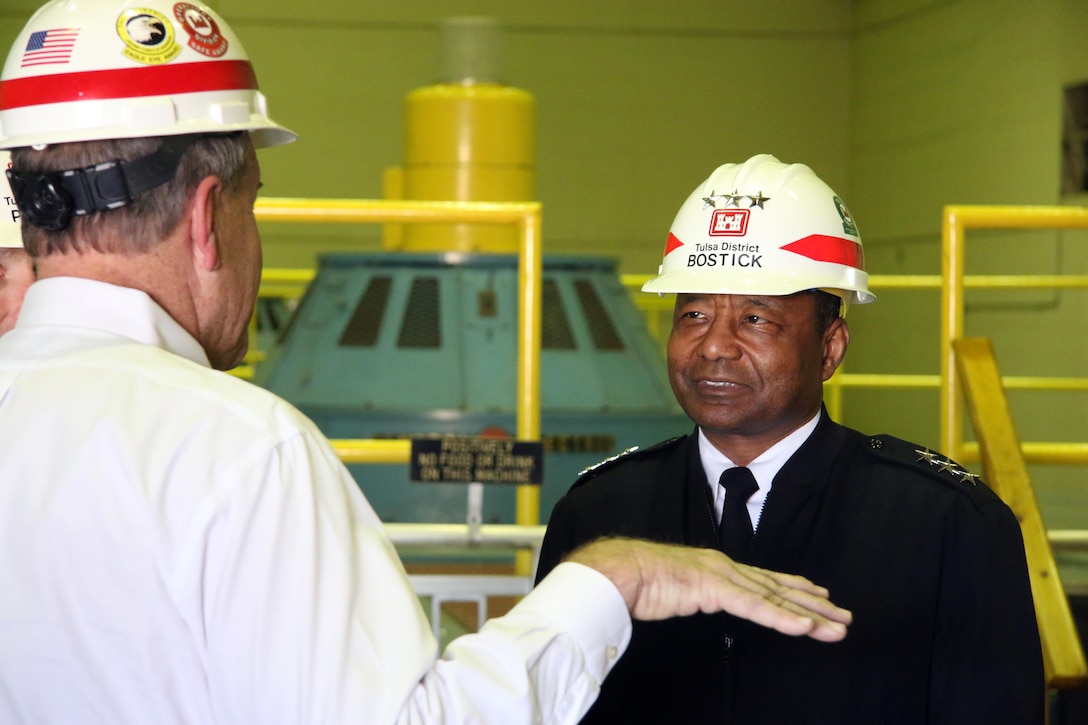 U.S. Army Chief of Engineers and Commanding General of the U.S. Army Corps of Engineers Lt. Gen. Thomas P. Bostick, is briefed on power plant operations Dec. 7, 2015 at the  Keystone Dam Powerhouse, near Mannford Okla.  Bostick visited the Tulsa District to thank district employees for their hard work in meeting challenging mission requirements and maintaining positive stakeholder relationships.  (U.S. Army Photo by Preston L. Chasteen/Released)