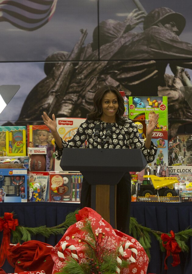 First lady Michelle Obama addresses a room full of Marines and civilians about the importance of Marine Forces Reserve’s Toys for Tots program at a toy sorting event at Joint Base Anacostia-Bolling, Dec. 9, 2015. The Toys for Tots program was created in 1947 by the Marine Corps Reserve and provides new, unwrapped toys to millions of less fortunate children in communities across the country every year. The first lady is an avid supporter of the program and has been a spokesperson for its mission for the last seven years. (U.S. Marine Corps photo by Cpl. Ian Leones/Released)