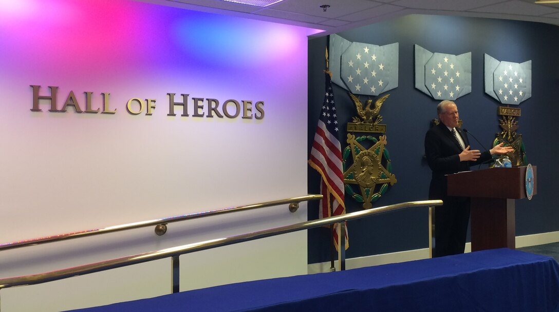 Frank Kendall, undersecretary of defense for acquisition, technology and logistics, addresses award winners and audience members in the Pentagon’s Hall of Heroes Dec. 10, 2015, before the award ceremony for this year’s Defense Acquisition Workforce Awards. DoD photo by Cheryl Pellerin