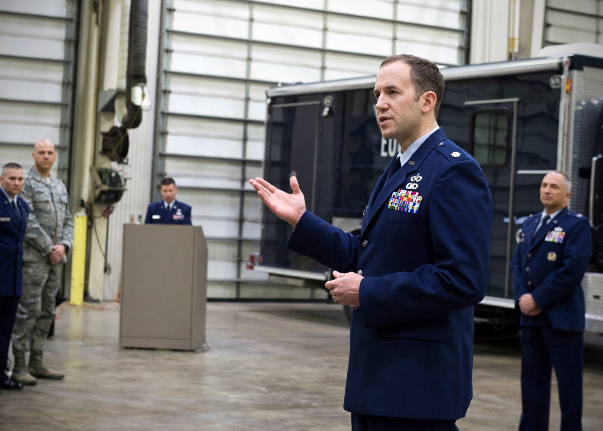 Lt. Col. James Ballas, 434th Civil Engineer Squadron, speaks to members of the 434th CES after accepting command during a change of command ceremony at Grissom Air Reserve Base, Ind., Dec. 5, 2015. Ballas previously served at Seymour Johnson Air Force Base, N.C., before coming to the Hoosier state. (U.S. Air Force photo/Senior Airman Katrina Heikkinen)