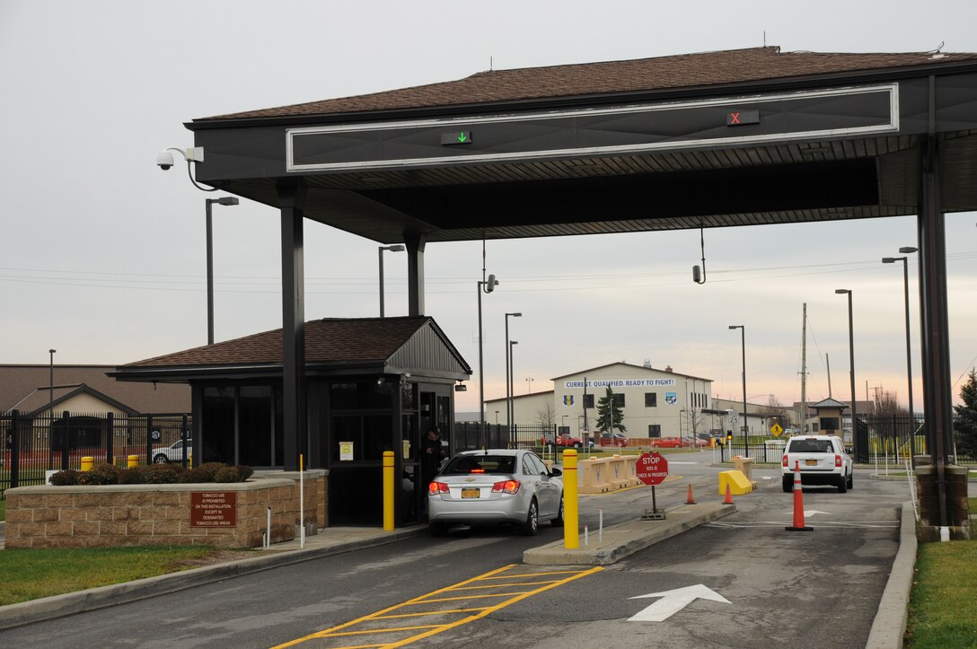 New lane lights were installed at the Lockport Rd. gate on Nov. 20, 2015 at the Niagara Falls Air Reserve Station. The lights are designed to make entry to the installation safer and more efficient. (U.S. Air Force photo by Staff Sgt. Matthew Burke)