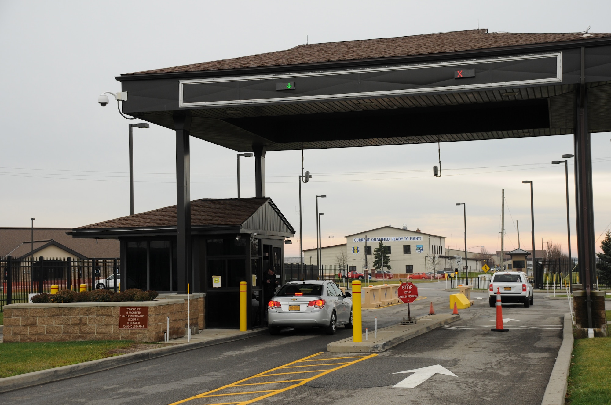 New lane lights were installed at the Lockport Rd. gate on Nov. 20, 2015 at the Niagara Falls Air Reserve Station. The lights are designed to make entry to the installation safer and more efficient. (U.S. Air Force photo by Staff Sgt. Matthew Burke)