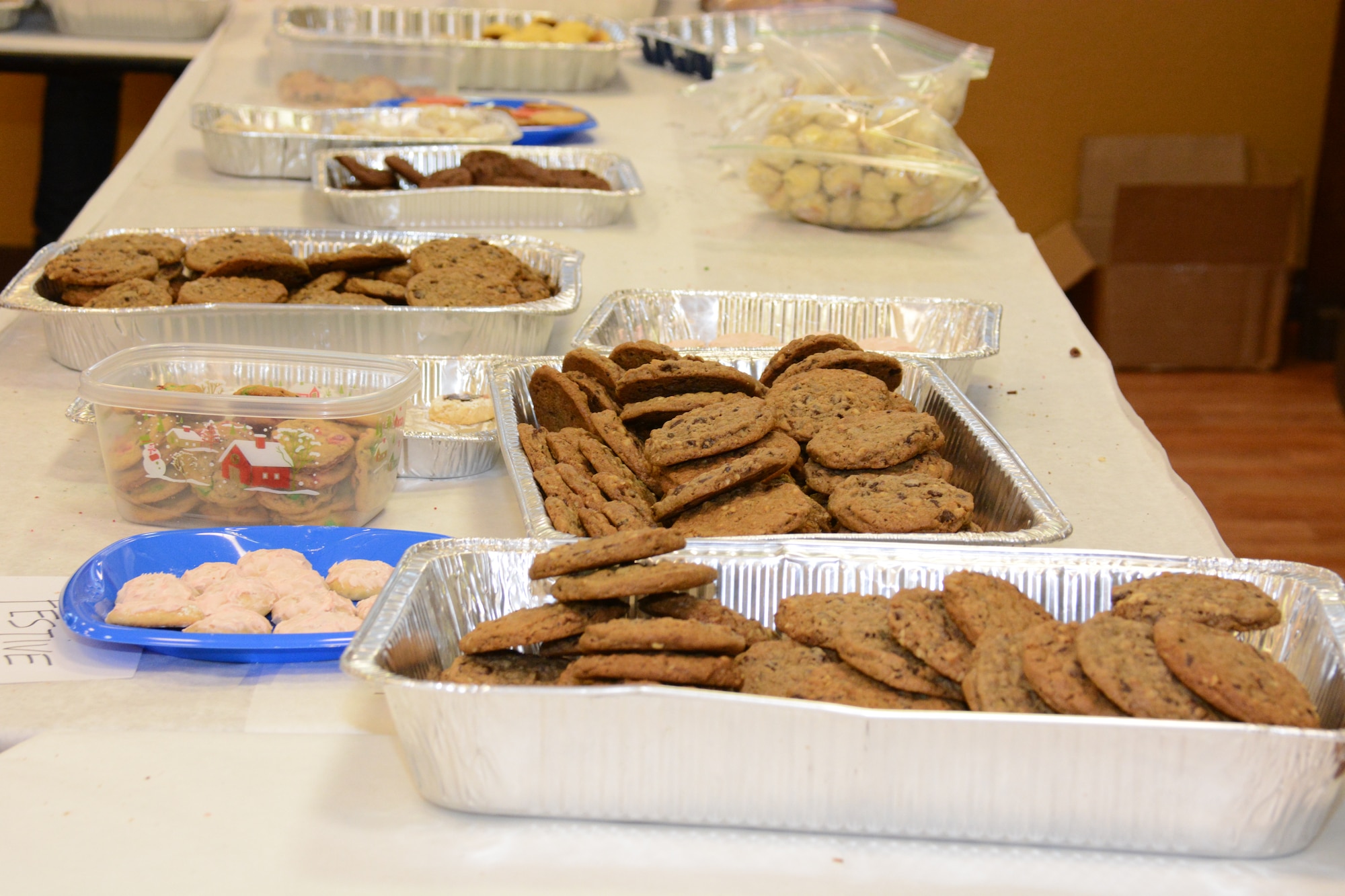 A variety of cookies were dropped off by helpful bakers Dec. 9 to the First Street Chapel and David Grant USAF Medical Center as donations to Operation Cookie Drop at Travis Air Force Base, California. More than 12,000 cookies were baked, boxed and delivered to Airmen in the dorms and around the base. (U.S. Air Force photos by Airman 1st Class Amber Carter)