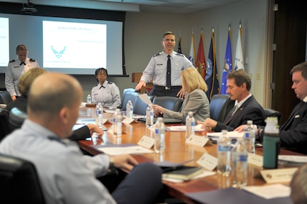 Lt. Col. Ralph E. Taylor, 628th Mission Support Group deputy commander, provides opening remarks during the Air Force Partnership Program (P4) way ahead meeting in the 628th Air Base Wing conference room on Joint Base Charleston - Air Base, S.C., Dec. 4, 2015. The P4 initiative, started approximately 12 months ago, has led to the creation of nine new money-saving programs between local community leaders  and multiple Joint Base members. (U.S. Air Force photo/Tech. Sgt. Renae Pittman)