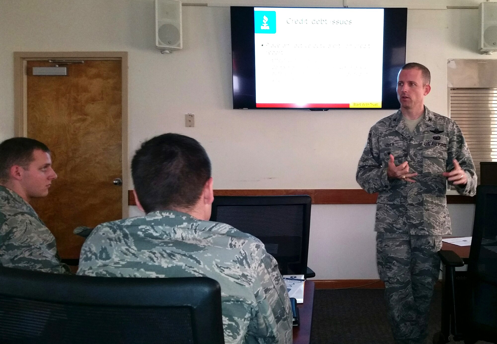 Col. Matthew Higer, 96th Test Wing vice commander, speaks with Airmen about maintaining financial stability while in the Air Force through the Military Saves program, at the Airman and Family Readiness Center at Eglin Air Force Base Dec. 10.  Military Saves, a partner in the Department of Defense’s Financial Readiness Campaign, seeks to motivate, support, and encourage military families to save money, reduce debt and build wealth.  For more information, visit http://www.militarysaves.org/.  (U.S. Air Force photo/Kevin Gaddie) 
