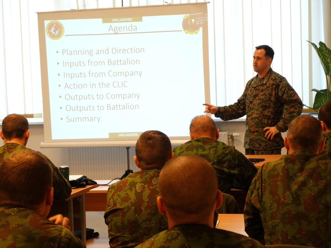 Marines introduced the concept of Company Level Intelligence Cells (CLIC) to Land Forces brigade officers and noncommissioned officers of the Baltic allies in Lithuania from Nov. 24 - Dec. 3, 2015. The training was conducted as part of U.S. Marine Corps Forces Europe and Africa’s focused implementation plan for military intelligence engagements. In both Baltic nations, small military intelligence corps can benefit from increasing their tactical information-gathering capabilities using concepts like CLIC.