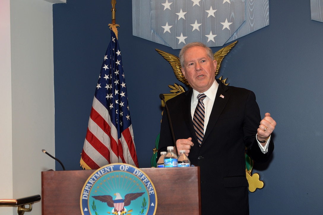 Frank Kendall, undersecretary of defense for acquisition, technology and logistics, addresses award winners and audience members in the Pentagon’s Hall of Heroes Dec. 10, 2015, before the award ceremony for this year’s Defense Acquisition Workforce Awards. U.S. Army photo by Mr. Leroy Council