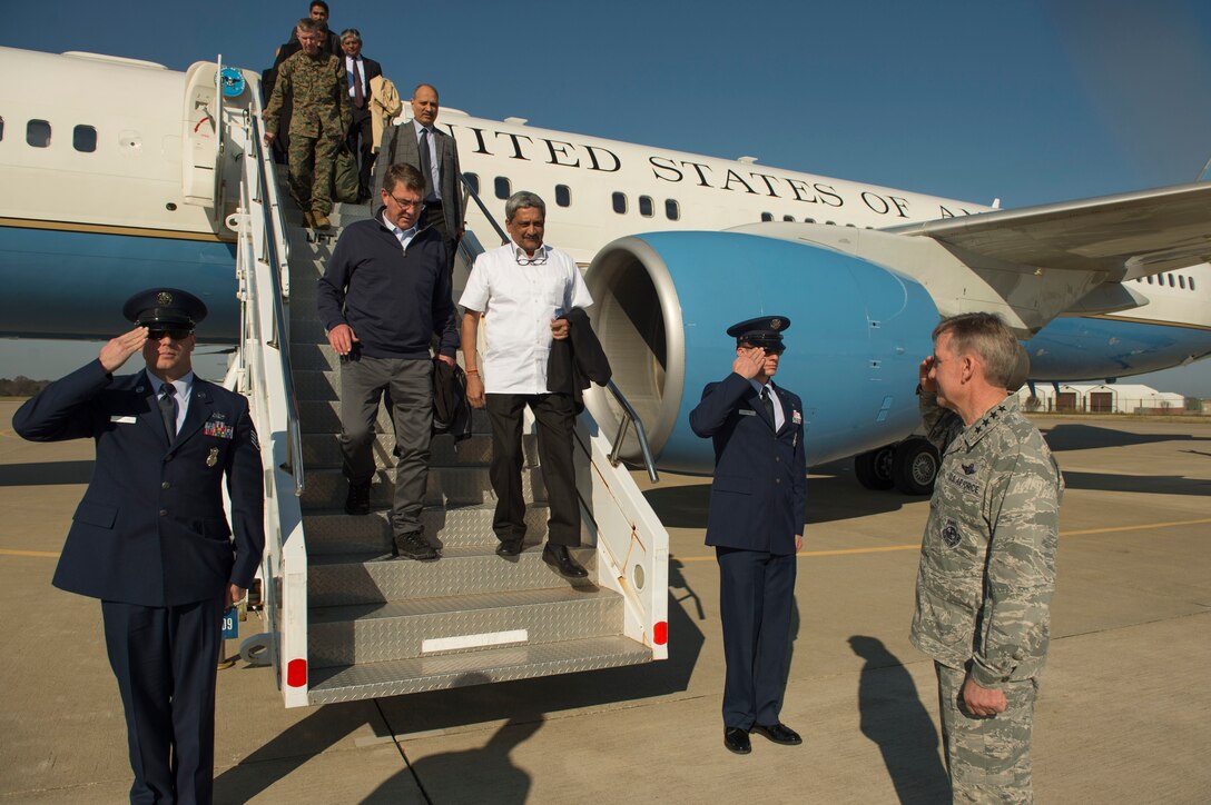 U.S. Defense Secretary Ash Carter and Indian Defense Minister Manohar Parrikar arrive on Langley Air Force Base, Va., Dec. 10, 2015, before transitioning to an MV-22 Osprey to tour the USS Dwight D. Eisenhower in the Atlantic Ocean . The two leaders toured the aircraft carrier after meeting at the Pentagon to discuss matters of mutual interest. DoD photo by Senior Master Sgt. Adrian Cadiz