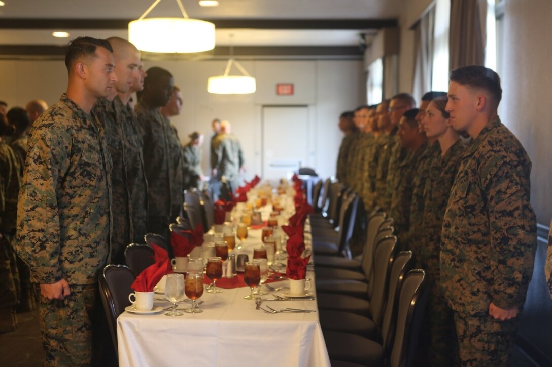 Noncommissioned officers gather at the Officer’s club for their Mess Night in celebration the night before their graduation from Corporals Course 2-16 aboard Marine Corps Air Station Miramar, California, Dec. 9.
Corporals Course, a professional military education program hosted by 3rd Marine Aircraft Wing, is a re-introduction of the basic Marine Corps values to noncommissioned officers. (U.S. Marine Corps photo by Lance Cpl. Harley Robinson/Released)
