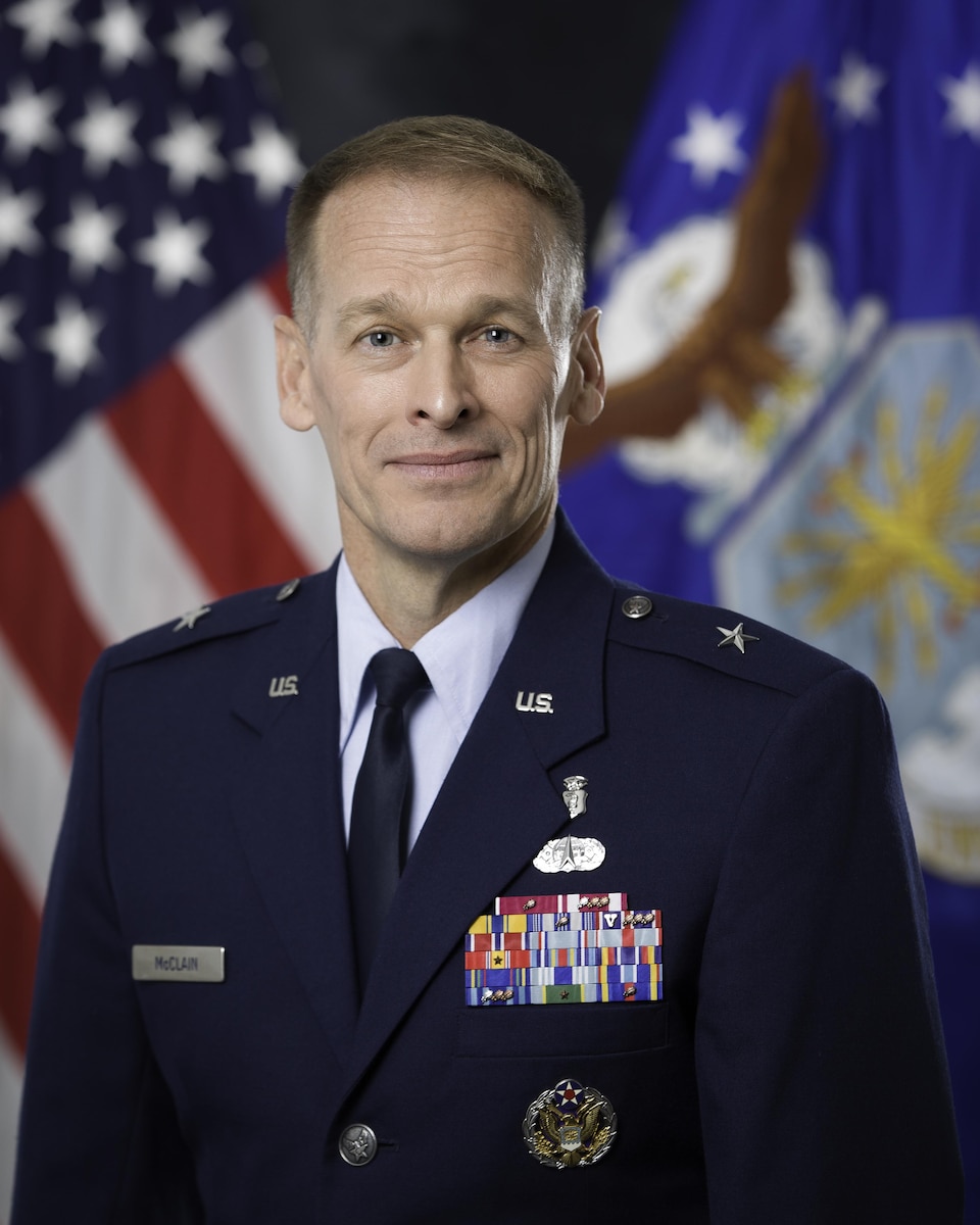 Official portrait, uncovered, of Commander, Air Force Medical Support Agency, Brig. Gen. James E. McClain, U.S. Air Force, a native of Tampa, Florida, photographed at Joint Base Anacostia-Bolling Dec. 3, 2015.