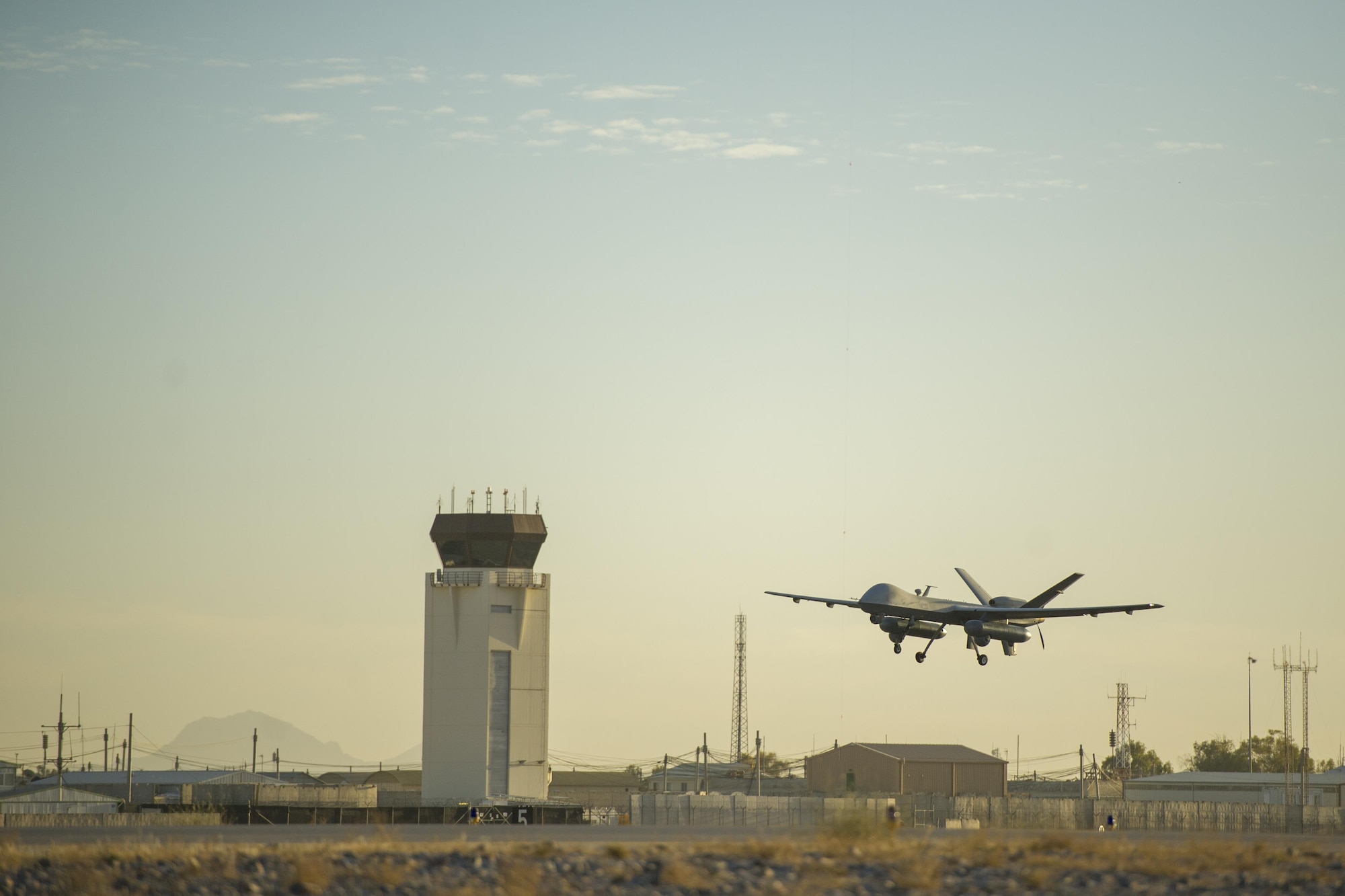 An MQ-9 Reaper equipped with Gorgon Stare from the 62nd Expeditionary Reconnaissance Squadron takes off at Kandahar Airfield, Afghanistan, Dec. 5, 2015. The capability combines real-time situational awareness for strike coordination and reconnaissance, or cross-cueing other sensors, with persistent video recording for forensic analysis and pattern-of-life study. (U.S. Air Force photo by Tech. Sgt. Robert Cloys/Released)
