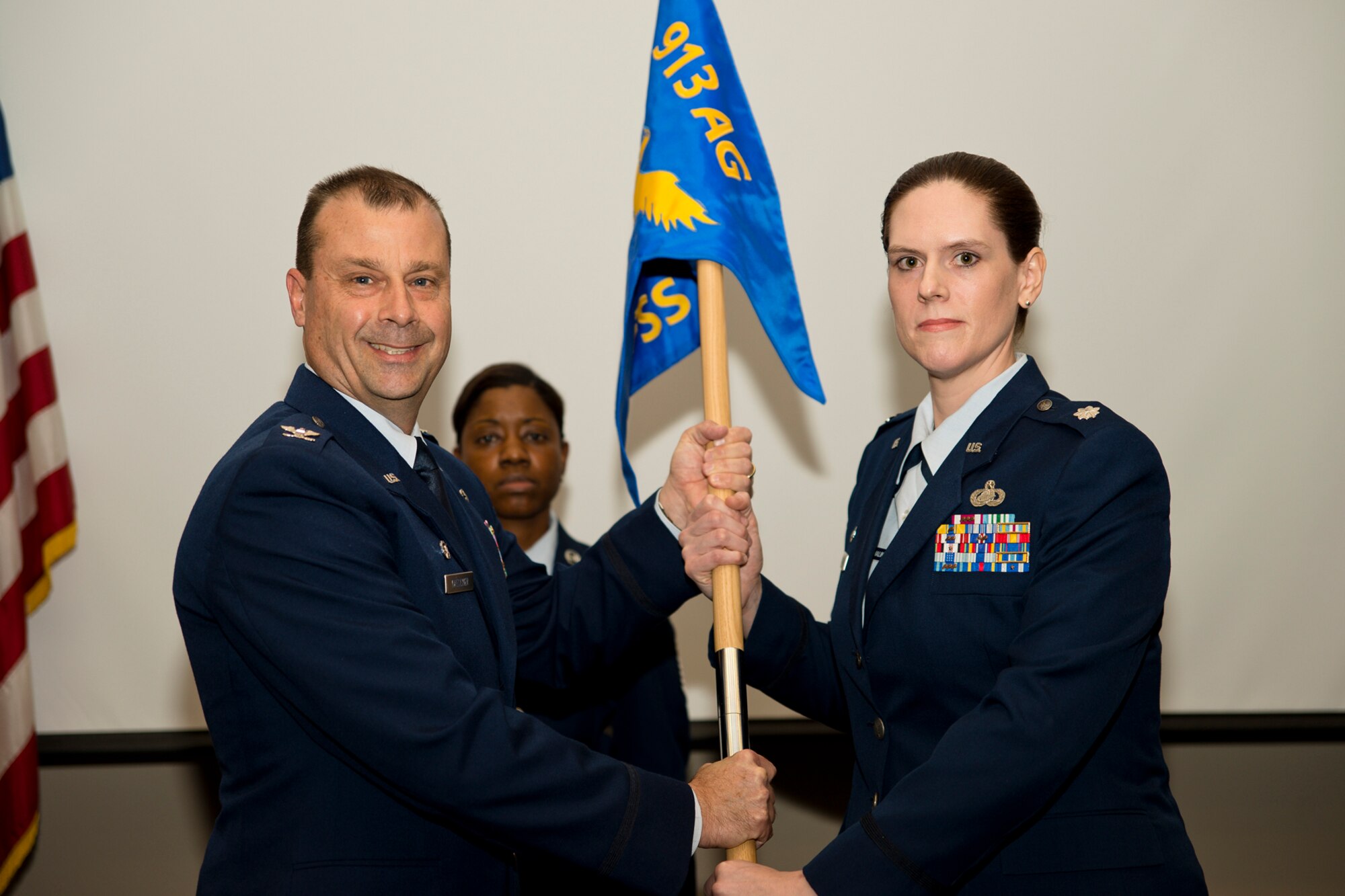Lt. Col. Rosalind L. Abdulkhalik assumes command of the 913th Force Support Squadron from Col. Craig W. Drescher, 913th Airlift Group commander, during a ceremony at Little Rock Air Force Base, Ark., Dec. 6, 2015. Before taking command of the 913th FSS, Abdulkhalik was the executive officer for the 934th Airlift Wing at the Minneapolis-St. Paul Air Reserve Station, Minn. (U.S. Air Force photo by Master Sgt. Jeff Walston/Released)
