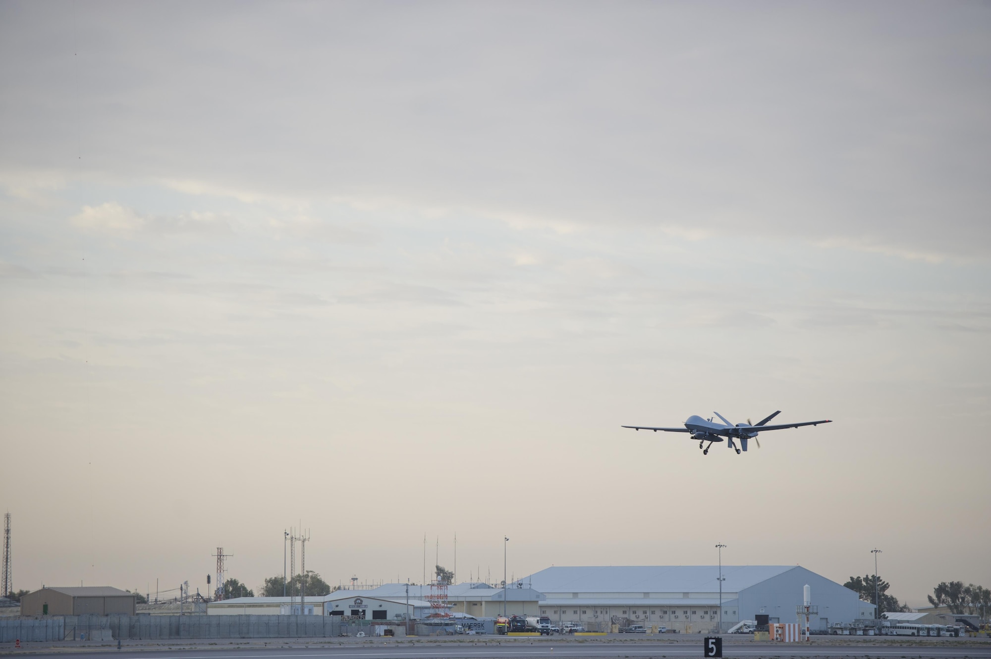 An MQ-9 Reaper from the 62nd Expeditionary Reconnaissance Squadron takes off on a sortie at Kandahar Airfield, Afghanistan, Dec. 6, 2015. The Reaper is an armed, multi-mission, medium-altitude, long-endurance remotely piloted aircraft that is employed primarily as an intelligence-collection asset and secondarily against dynamic execution targets. (U.S. Air Force photo by Tech. Sgt. Robert Cloys/Released)