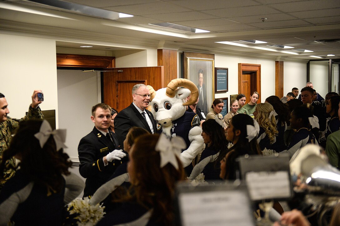 Deputy Defense Secretary Bob Work hosts a pep rally at the Pentagon, Dec. 10, 2015, before the upcoming Army-Navy game. DoD photo by Army Sgt. 1st Class Clydell Kinchen