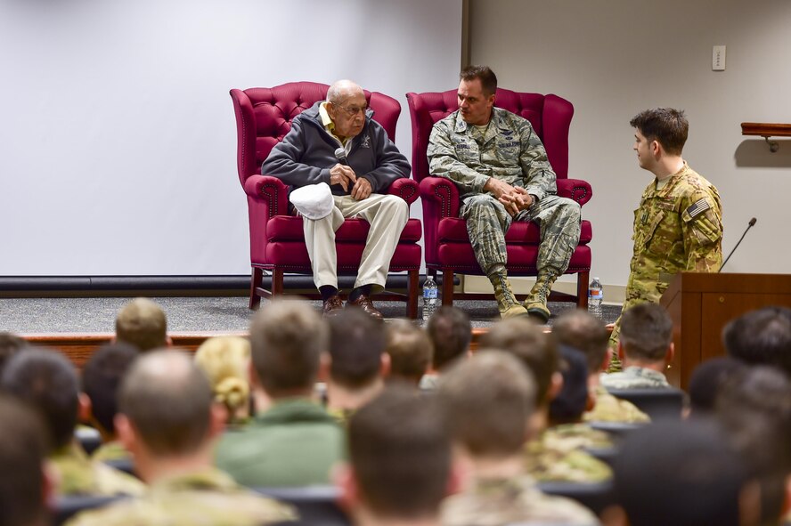 Retired Lt. Col. Richard E. Cole, a Doolittle Raider, answers questions about his experiences during his time in the Air Force during a Q&A session at the 319th Special Operations Squadron, Hurlburt Field, Fla., Dec. 9, 2015. Air Commandos asked various questions about Cole’s experiences during his time in service and as a member of the Doolittle Raid. (U.S. Air Force photo by Senior Airman Jeff Parkinson)