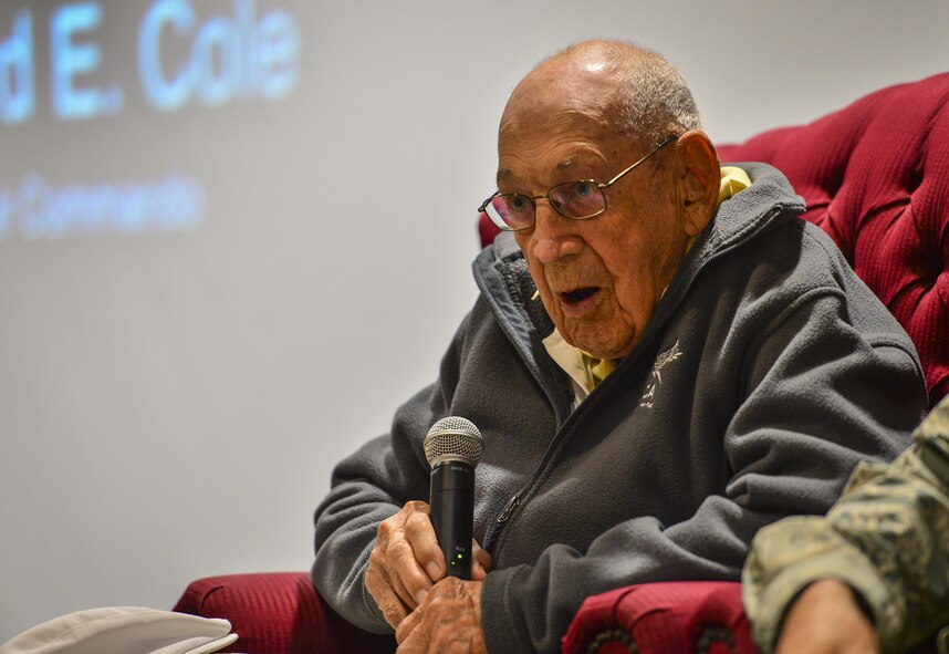 Retired Lt. Col. Richard E. Cole, a Doolittle Raider, answers questions during a question and answer session at the 319th Special Operations Squadron, Hurlburt Field, Fla., Dec. 9, 2015. Cole was co-pilot to Lt. Col. James H. “Jimmy” Doolittle during the Doolittle Raid on Tokyo, Japan, April 18, 1942. (U.S. Air Force photo by Staff Sgt. Marleah Robertson)