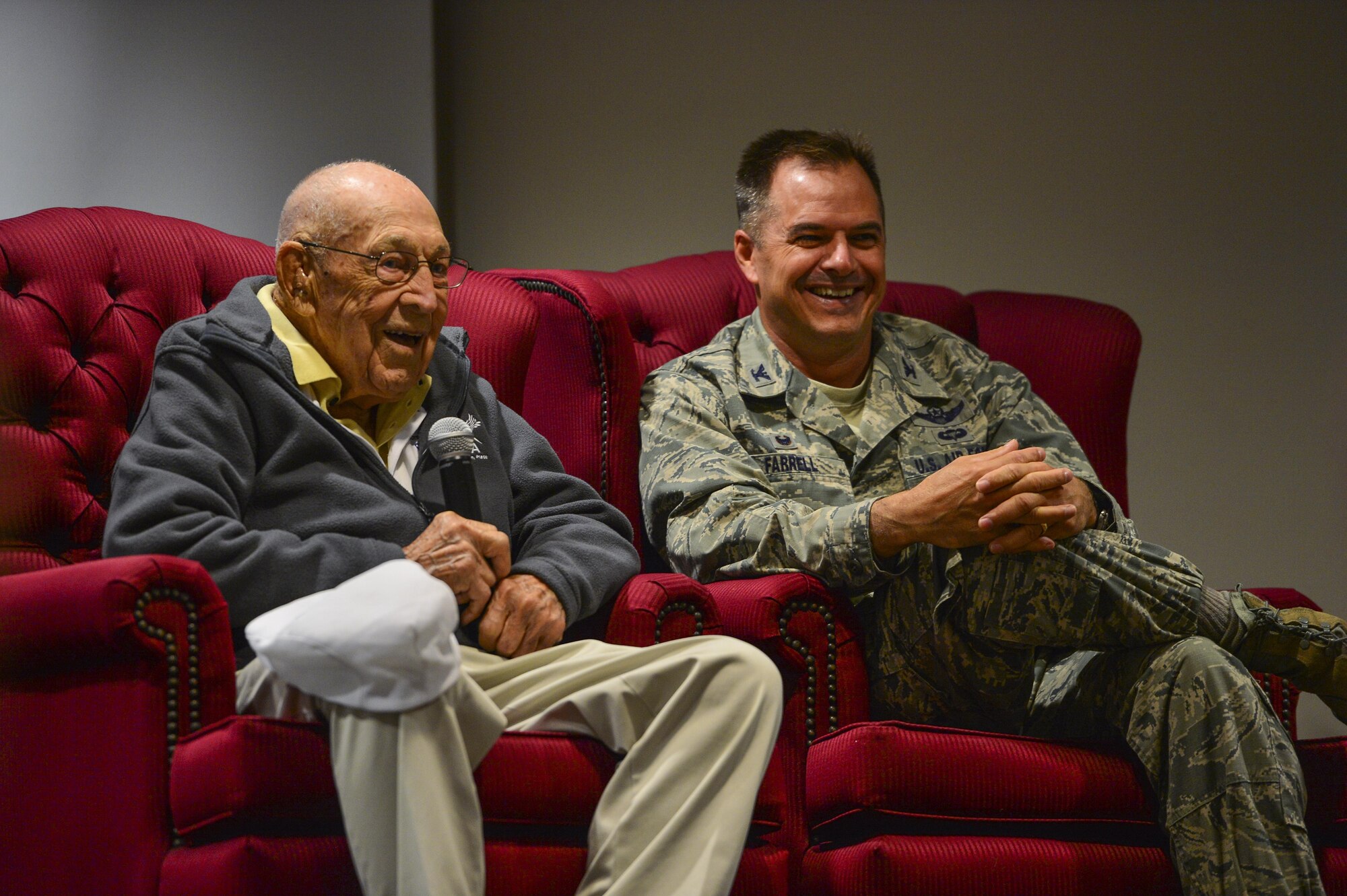 Retired Lt. Col. Richard E. Cole, left, a Doolittle Raider, answers questions with Col. Sean Farrell, commander of the 1st Special Operations Wing, asked by members of the 319th Special Operations Squadron at Hurlburt Field, Fla., Dec. 9, 2015. As a pilot and engineering officer for the transport section, Cole helped stand up the 319th Special Operations Squadron and retired from the Air Force in 1967. (U.S. Air Force photo by Staff Sgt. Marleah Robertson)