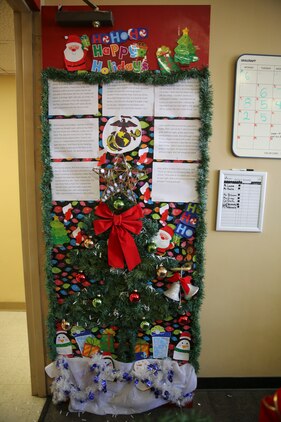 Multiple decorated doors were judged in a contest at Marine Corps Recruit Depot San Diego, Dec. 10. Three judges were chosen to give each door a score based on creativity, visual impact and craftsmanship. The winner of the contest will be announced at the depot Christmas party Dec. 12.