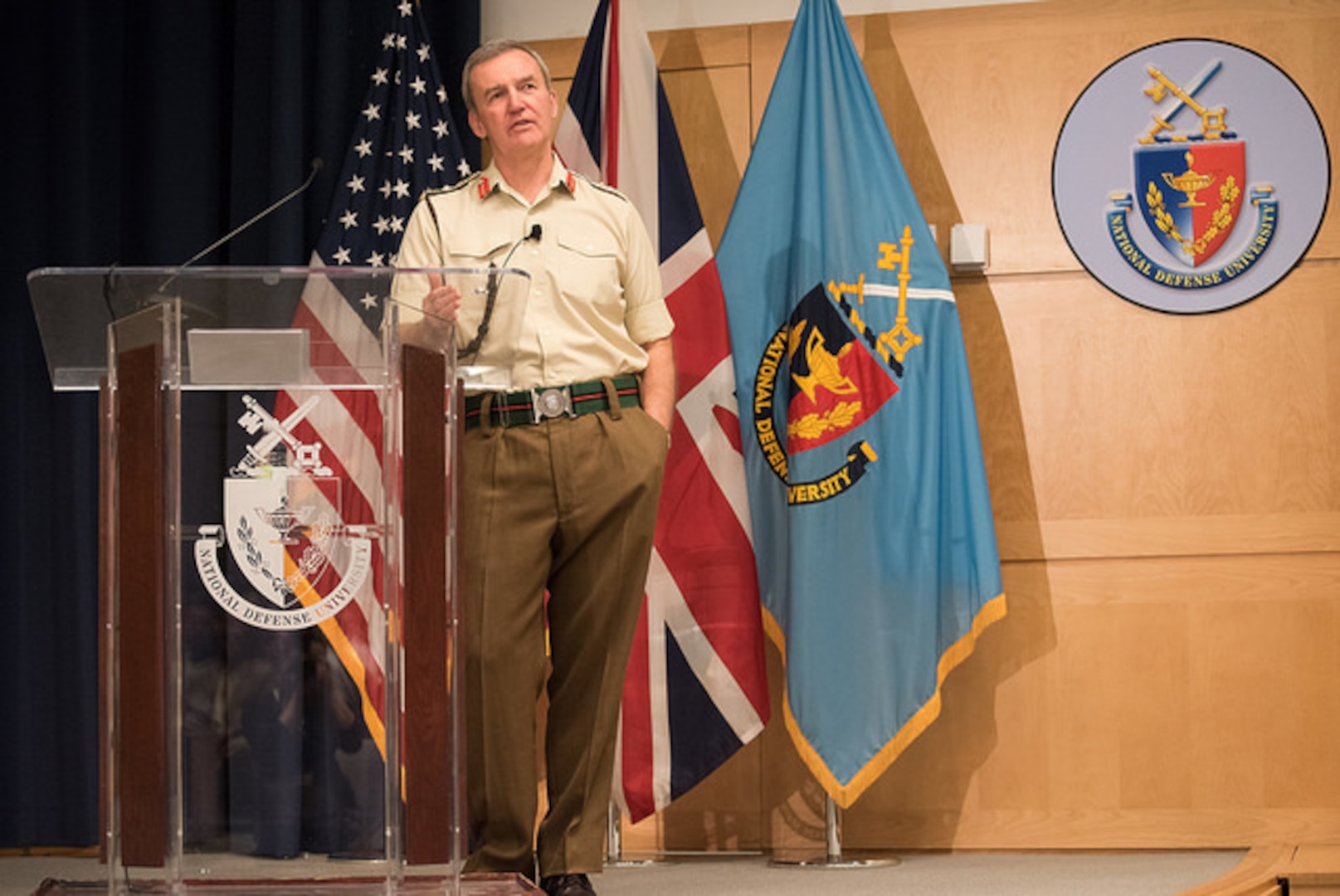 General Sir Nicholas Houghton, UK Chief of Defence Staff, addresses the NDU student body as part of the Distinguished Leader Program series.