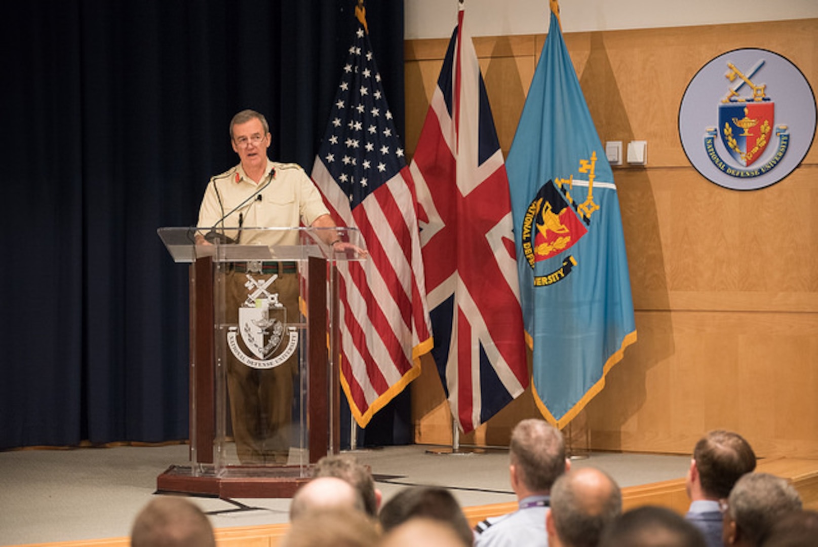 General Sir Nicholas Houghton, UK Chief of Defence Staff, addresses the NDU student body as part of the Distinguished Leader Program series.