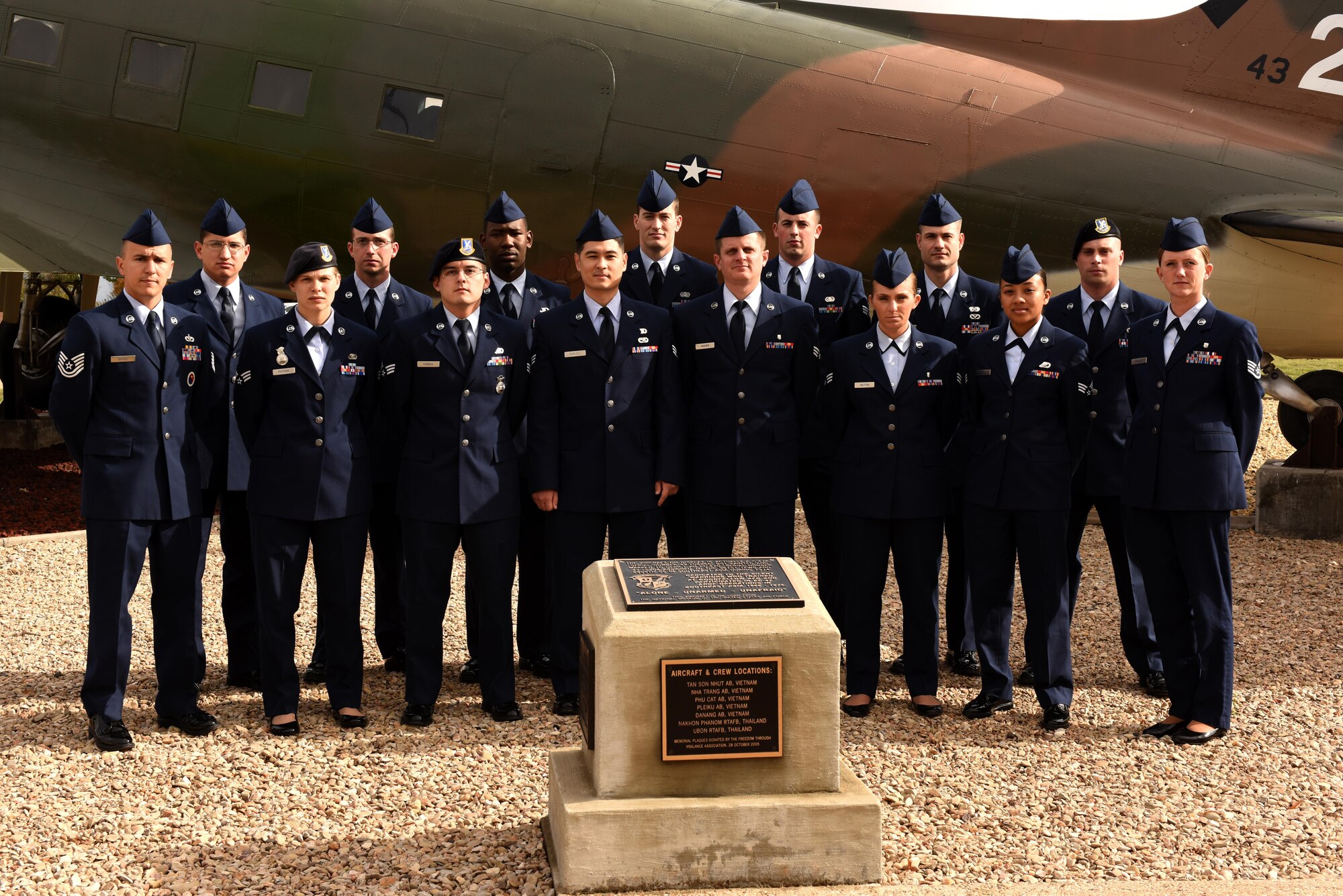 Students from Airman Leadership School Class 16-A pose for a group photo in front of the model EC-47 'Electric Goon' at the Norma Brown building, Goodfellow Air Force Base, Texas, Nov. 30, 2015. The students graduated Dec. 10, 2015. (U.S. Air Force photo by Senior Airman Scott Jackson/Released)