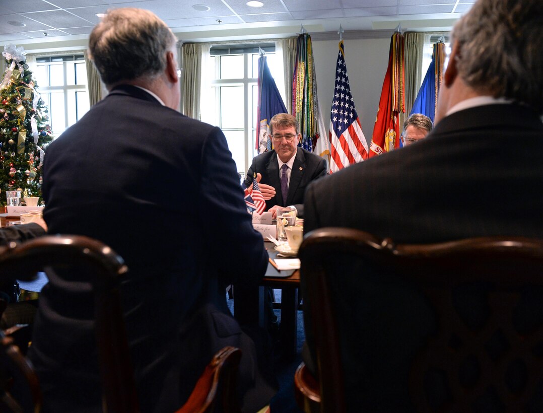 U.S. Defense Secretary Ash Carter and British Defense Secretary Michael Fallon sit down to meet to discuss defense issues of mutual concern at the Pentagon, Dec. 11, 2015. DoD photo by U.S. Army Sgt. First Class Clydell Kinchen