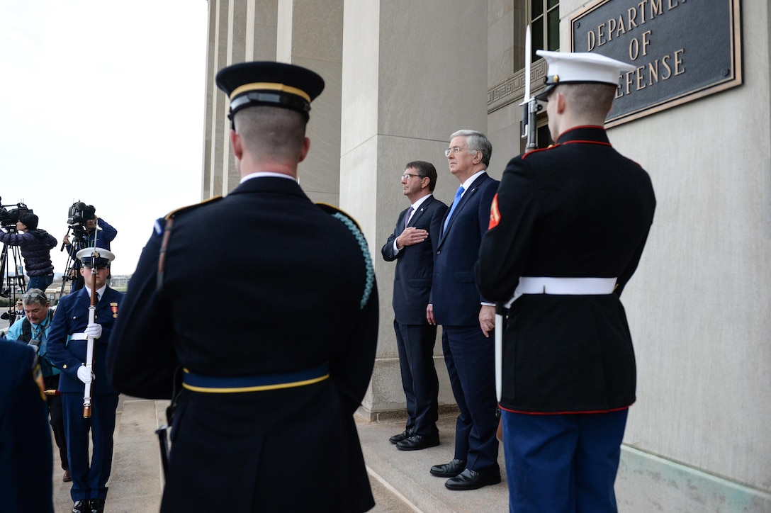 U.S. Defense Secretary Ash Carter renders honors during the enhanced honor cordon welcoming British Defense Secretary Michael Fallon to the Pentagon, Dec. 11, 2015. DoD photo by U.S. Army Sgt. First Class Clydell Kinchen