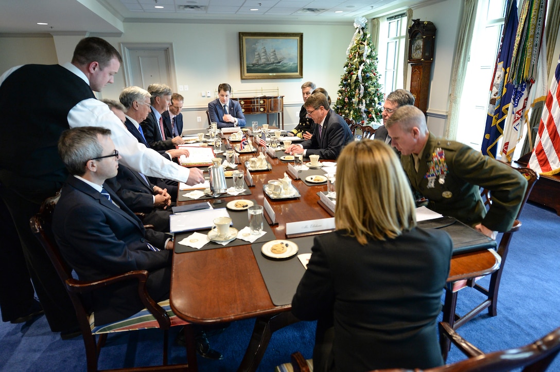U.S. Defense Secretary Ash Carter and British Defense Secretary Michael Fallon meet to discuss defense issues of mutual concern at the Pentagon, Dec. 11, 2015. DoD photo by U.S. Army Sgt. First Class Clydell Kinchen