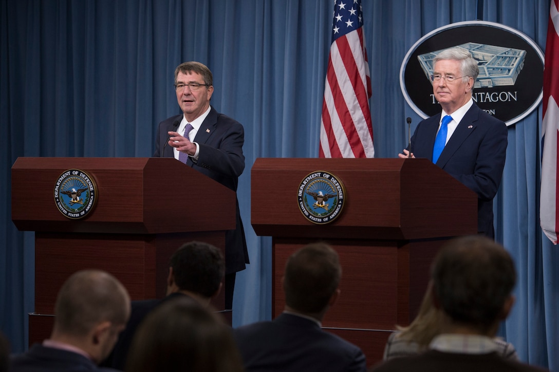 U.S. Defense Secretary Ash Carter and British Defense Secretary Michael Fallon conduct a joint news conference at the Pentagon Dec. 11, 2015, after meeting to discuss matters of mutual interest. DoD photo by Senior Master Sgt. Adrian Cadiz