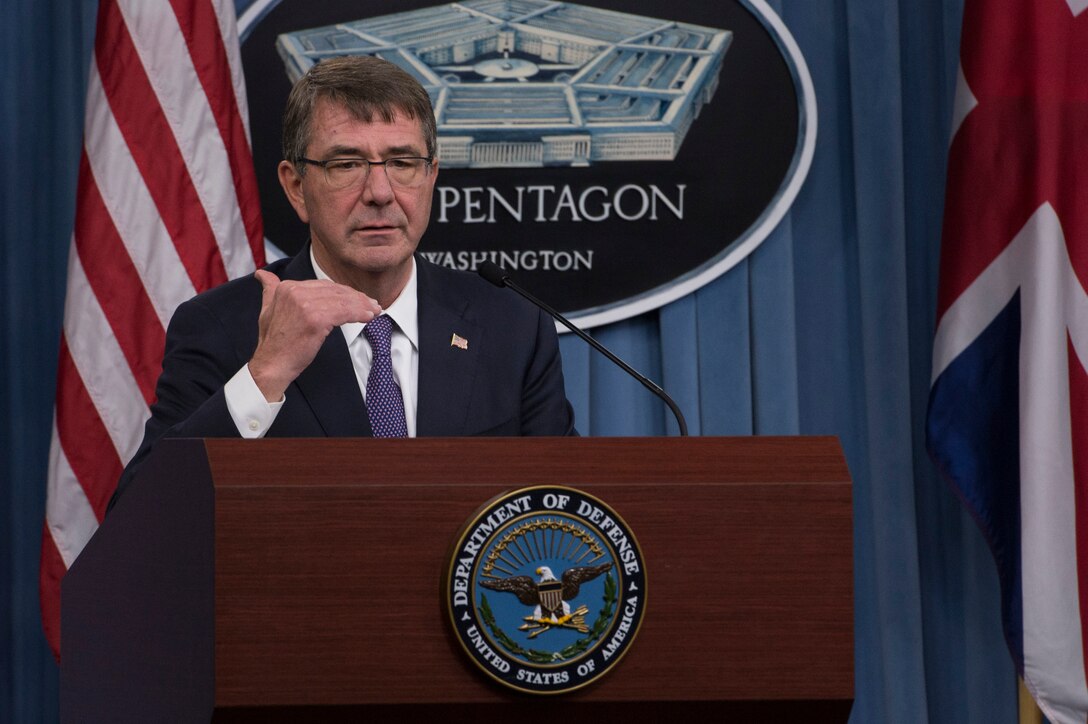 U.S. Defense Secretary Ash Carter speaks during a joint news conference with British Defense Secretary Michael Fallon at the Pentagon, Dec. 11, 2015. DoD photo by Air Force Senior Master Sgt. Adrian Cadiz