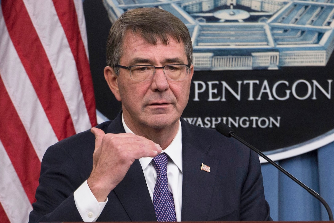 U.S. Defense Secretary Ash Carter speaks during a joint news conference with British Defense Secretary Michael Fallon at the Pentagon, Dec. 11, 2015 after meeting to discuss matters of mutual interest. DoD photo by Air Force Senior Master Sgt. Adrian Cadiz