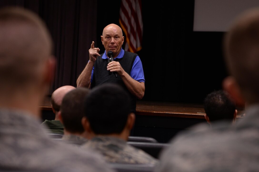 Dr. Story Musgrave, Retired NASA Astronaut, entrepreneur, Marine Corps Crew Chief and neurosurgeon, visited Columbus Air Force Base, Mississippi, Dec. 4 to speak to Airmen about his life. Musgrave detailed what he attributed to his success and explained his work philosophy to the attendees. (U.S. Air Force photo/Airman 1st Class John Day)