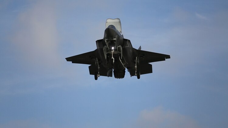 An F-35B Lightning II with Marine Fighter Attack Squadron (VMFA) 121 conduct a vertical landing at Red Beach at Marine Corps Base Camp Pendleton, Calif., Dec. 10, 2015. This is the first time that the F-35 conducted close air support missions in support of exercise Steel Knight. 