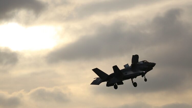 An F-35B Lightning II with Marine Fighter Attack Squadron (VMFA) 121 takes off from Red Beach at Marine Corps Base Camp Pendleton, Calif., Dec. 10, 2015. This is the first time that the F-35 conducted close air support missions in support of exercise Steel Knight. 