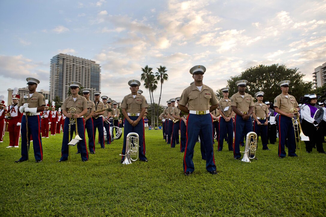The U.S. Marine Corps Forces Pacific Band stands in formation during the opening ceremony of the Pearl Harbor Memorial Parade at Fort DeRussy Park in Honolulu, Dec. 7, 2015. U.S. Marine Corps photo by Lance Cpl. Miguel Rosales