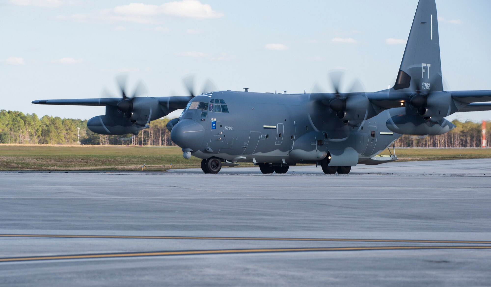 An HC-130J Combat King II taxis to the parking area, Dec. 11, 2015, at Moody Air Force Base, Ga. The Air Force began using the C-130 Hercules airframe in 1956. (U.S. Air Force Senior Airman Ceaira Tinsley/Released)
