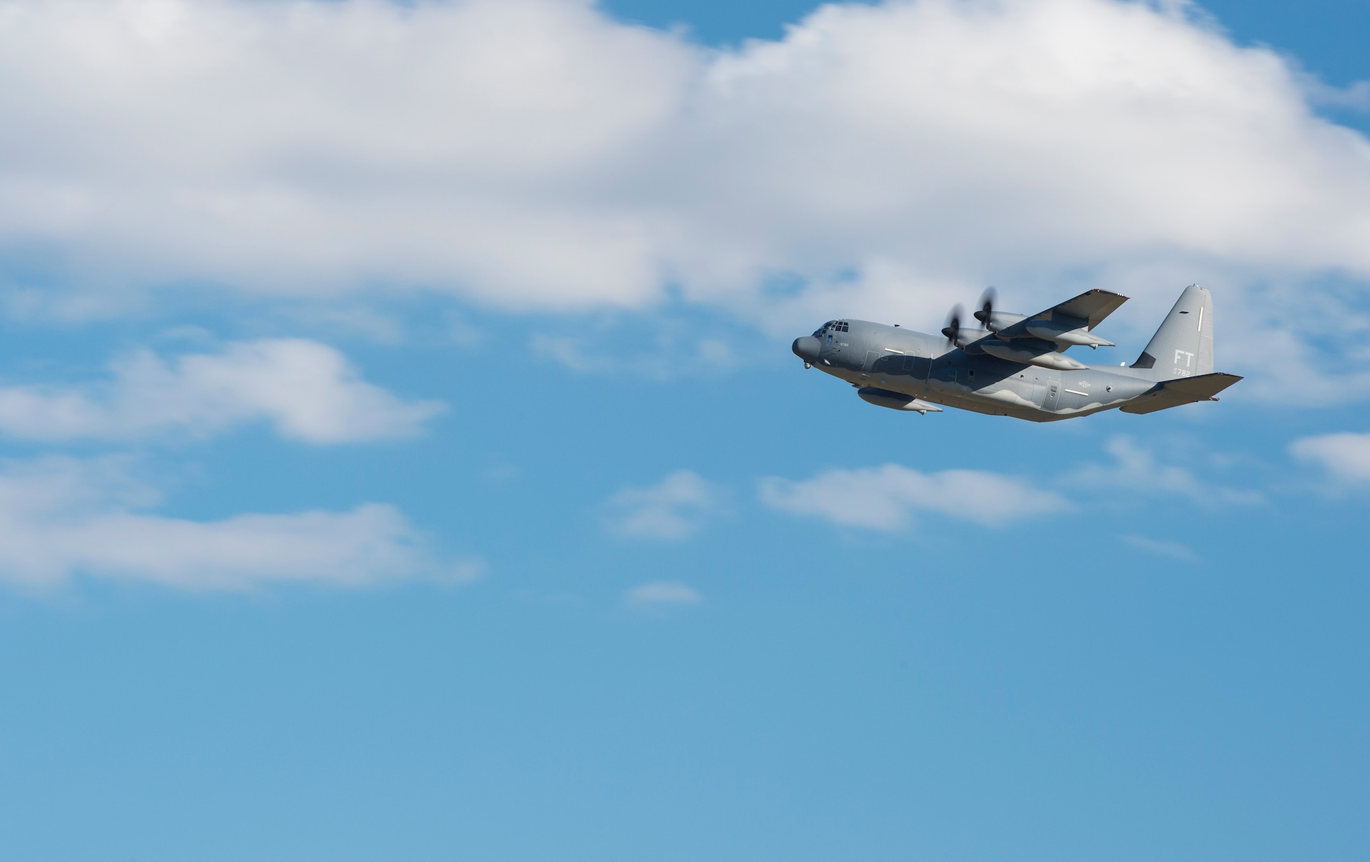 An HC-130J Combat King II conducts a low pass before landing, Dec. 11, 2015, at Moody Air Force Base, Ga. The aircraft is Moody’s seventh HC-130J to be added to the 71st Rescue Squadron’s fleet and legacy. (U.S. Air Force Senior Airman Ceaira Tinsley/Released)