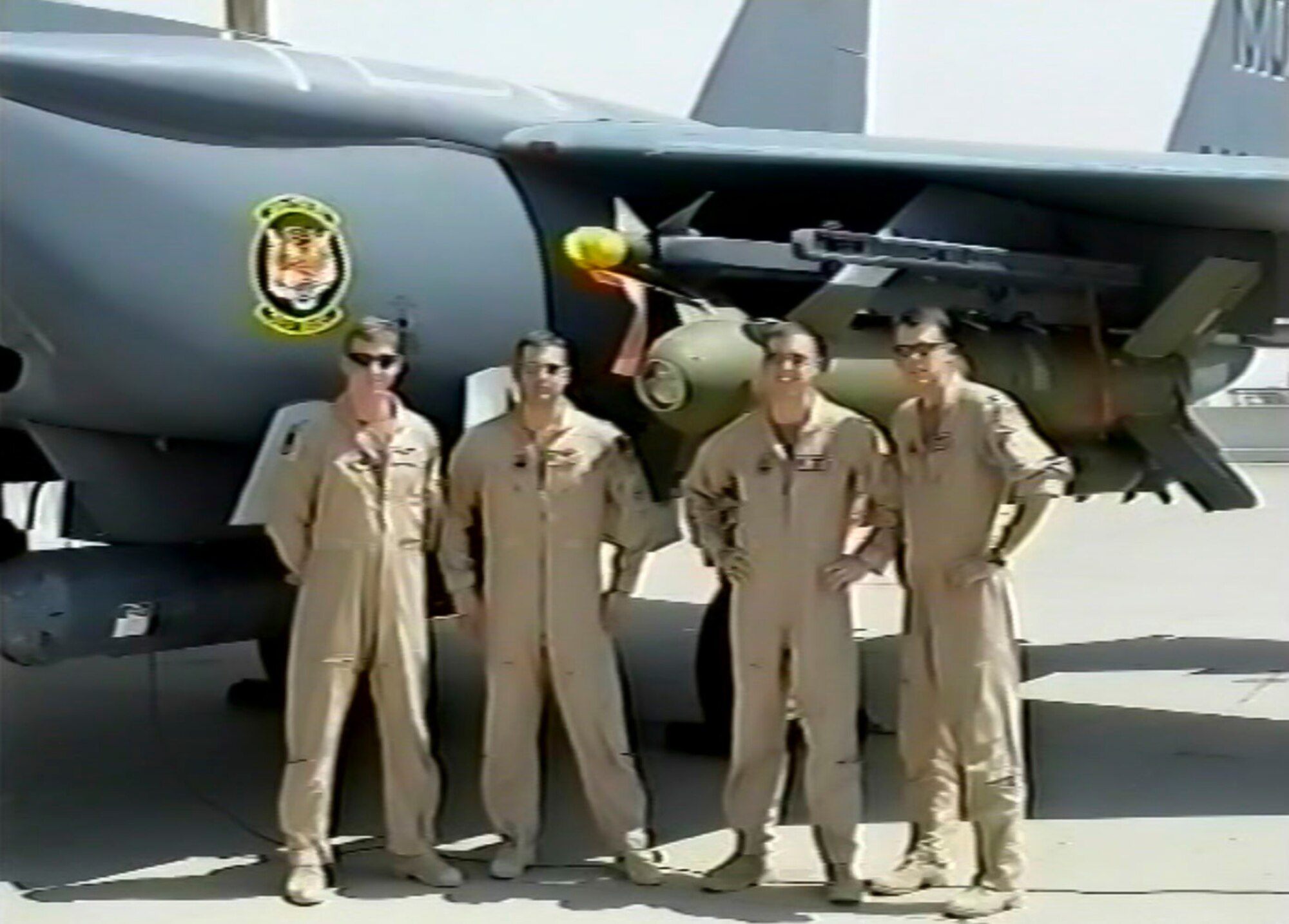 From left to right: retired Col. Mike Ballek, former Maj. Kevin Mulleni, Col. Jack
Fischer and Lt. Col. Jeff Donnithorne pose for a photo in front of a F-15E Strike Eagle
during Operation Southern Watch in 2002. Years after this photo was taken Fischer would be given the opportunity to travel to space. (Courtesy Photo)
