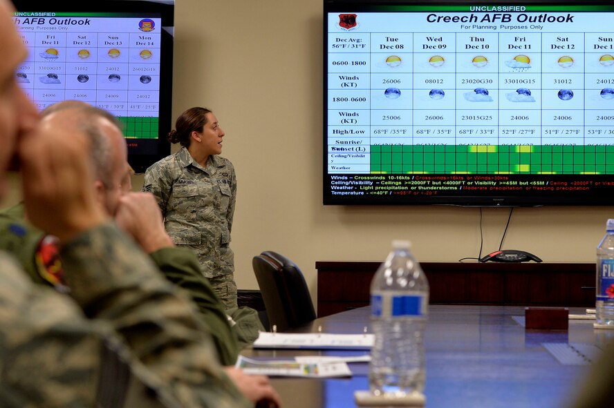 Senior Airman Nadja, 432nd Operations Support Squadron weather ops forecaster, explains the local weather Dec 9, 2015 at Creech Air Force Base, Nevada. Local weather supports the local flying training operations at Creech AFB. They also support any transient aircrews for things like Marine training, Red Flag, Green Flag exercises, and coordinate with Nellis AFB for Nevada Test and Training Range (NTTR). (U.S. Air Force Photo by Senior Airman Adarius Petty) 