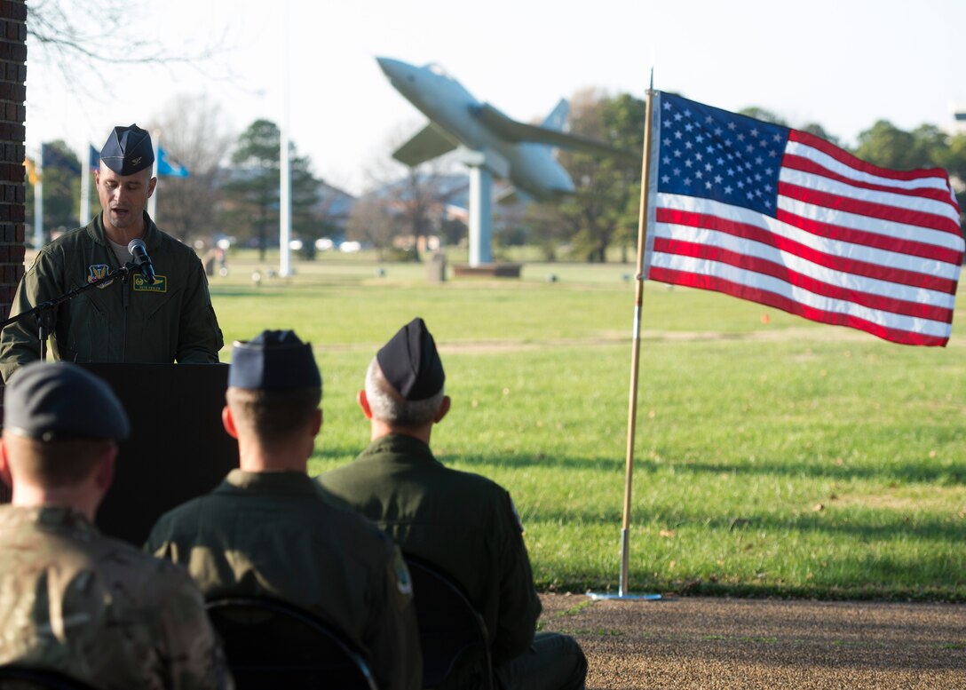 U.S. Air Force Col. Pete Fesler, 1st Fighter Wing commander, gives remarks during a wreath-laying ceremony at Langley Air Force Base, Va., Dec. 11, 2015. The ceremony was held during the inaugural Trilateral Exercise being hosted by the 1st FW. (U.S. Air Force photo by Airman 1st Class Derek Seifert)