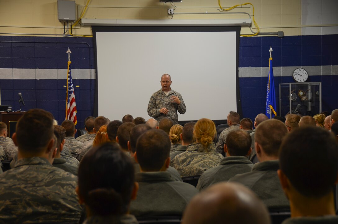 Chief Master Sgt. James W. Hotaling, command chief master sergeant of the Air National Guard, visited the 128th Air Refueling Wing at General Mitchell International Airport Dec. 5, 2015. During the visit Hotaling attended meetings across the base including focus discussions with the Strength Management Team, the Religious Support Team and Director of Psychosocial Health, senior enlisted and junior enlisted. (U.S. Air National Guard photo by Tech. Sgt. Meghan Skrepenski/Released)