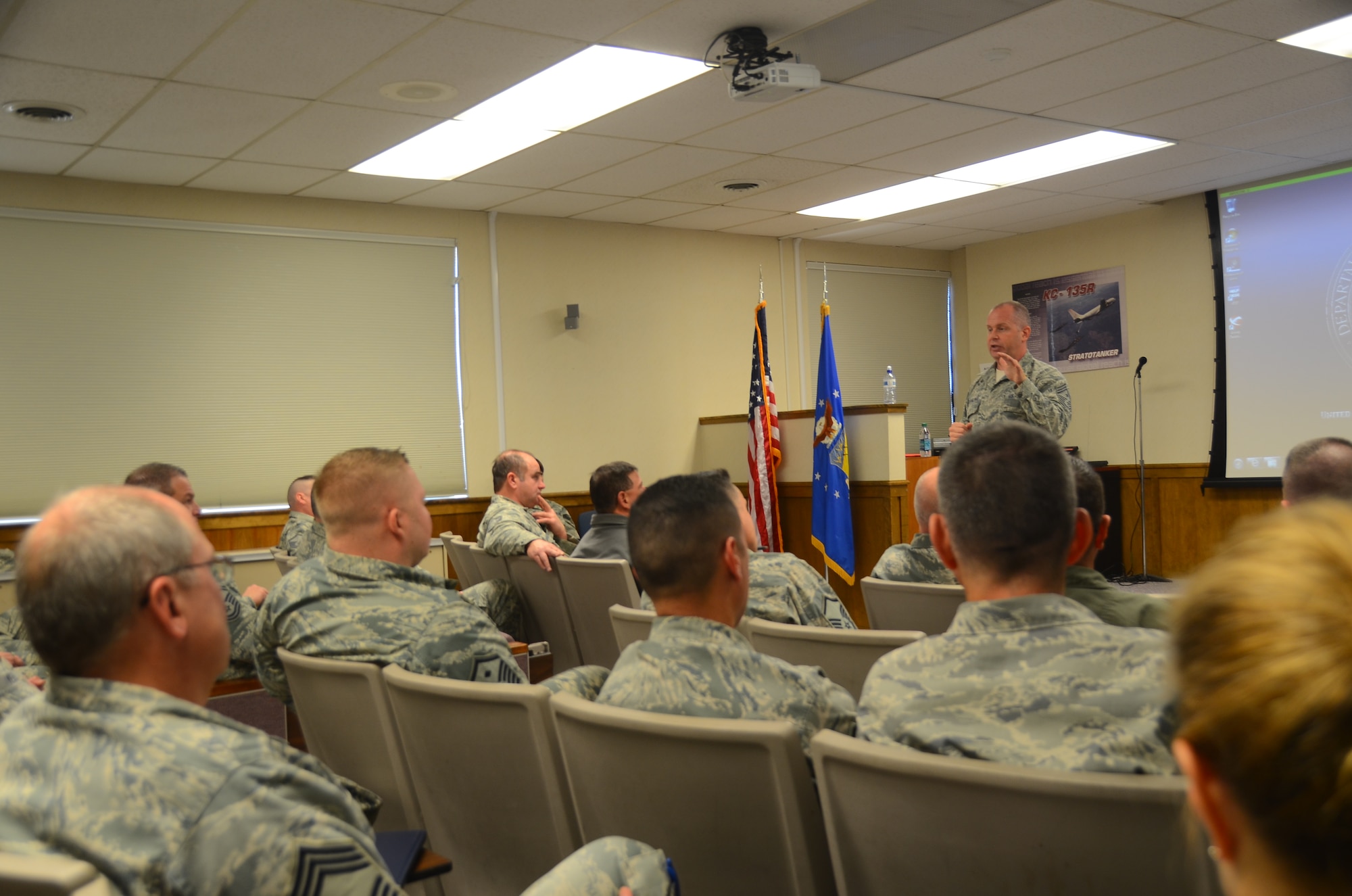 Chief Master Sgt. James W. Hotaling, command chief master sergeant of the Air National Guard, visited the 128th Air Refueling Wing at General Mitchell International Airport Dec. 5, 2015. During the visit Hotaling attended meetings across the base including focus discussions with the Strength Management Team, the Religious Support Team and Director of Psychosocial Health, senior enlisted and junior enlisted. (U.S. Air National Guard photo by Tech. Sgt. Meghan Skrepenski/Released)