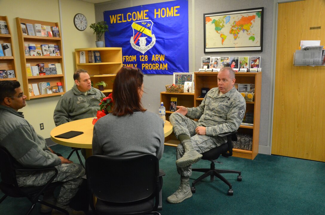 Chief Master Sgt. James W. Hotaling, command chief master sergeant of the Air National Guard, visited the 128th Air Refueling Wing at General Mitchell International Airport Dec. 5, 2015. During the visit Hotaling attended meetings across the base including focus discussions with the Strength Management Team, the Religious Support Team and Director of Psychosocial Health, senior enlisted and junior enlisted. (U.S. Air National Guard photo by Tech. Sgt. Meghan Skrepenski/Released)