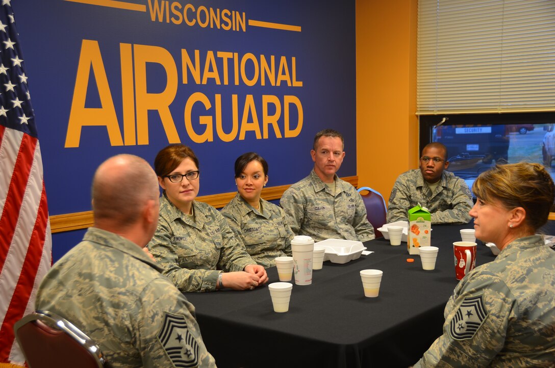 Chief Master Sgt. James W. Hotaling, command chief master sergeant of the Air National Guard, visited the 128th Air Refueling Wing at General Mitchell International Airport Dec. 5, 2015. During the visit Hotaling attended meetings across the base including focus discussions with the Strength Management Team, the Religious Support Team and Director of Psychosocial Health, senior enlisted and junior enlisted. (U.S. Air National Guard photo by Tech. Sgt. Meghan Skrepenski/Released)