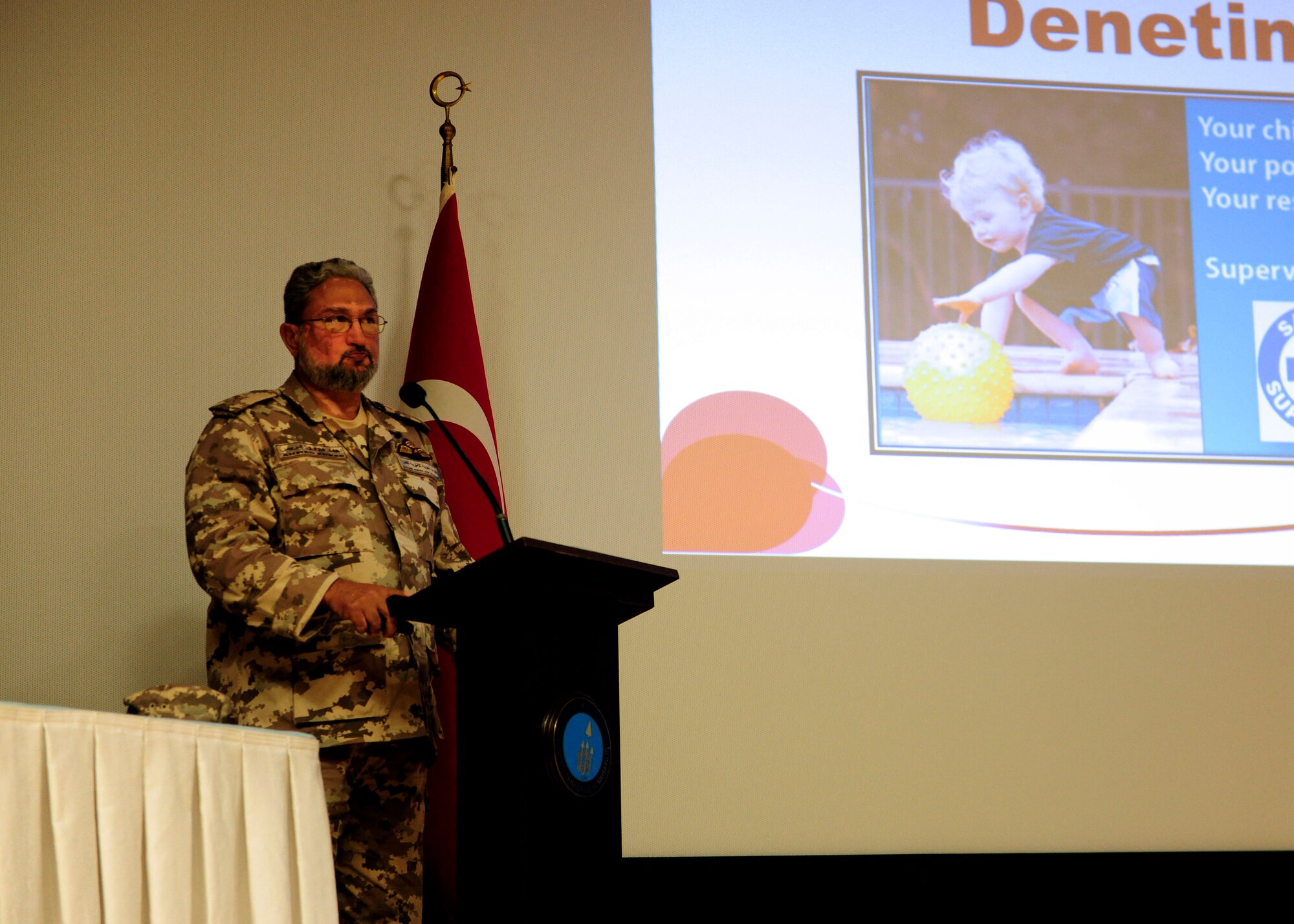 First Lt. Ahmed Ferooq, Qatar Emiri air force flight safety officer, speaks about the importance of supervision in preventing human error related accidents Dec. 8, 2015, at Incirlik Air Base, Turkey. Ferooq presented as part of an annual gathering with the U.S. and Turkish Air Forces to discuss important issues affecting the flight and ground safety community.  (U.S. Air Force photo by Senior Airman Krystal Ardrey/Released)