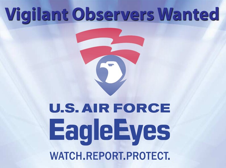 Every citizen, military or civilian, can have a positive effect in the ongoing war on terrorism. The Eagle Eyes program is an anti-terrorism initiative that enlists the eyes and ears of Air Force members and citizens in local community against the war on terror. If you observe any suspicious activity, anytime during the day or night, you can call the Ramstein or Vogelweh Security Forces at 480-2050 or 489-6060. (Courtesy Graphic)