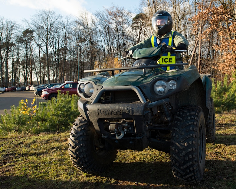 Senior Airman Devin Wilson, 86th Security Forces Squadron patrolman, sits on an all-terrain vehicle before beginning his patrol Dec. 9, 2015, at Ramstein Air Base, Germany. The 86th Airlift Wing Anti-terrorism office works hand-in-hand with security forces to determine the measure of protection to be utilized on base at any given time. (U.S. Air Force photo/Airman 1st Class Tryphena Mayhugh)