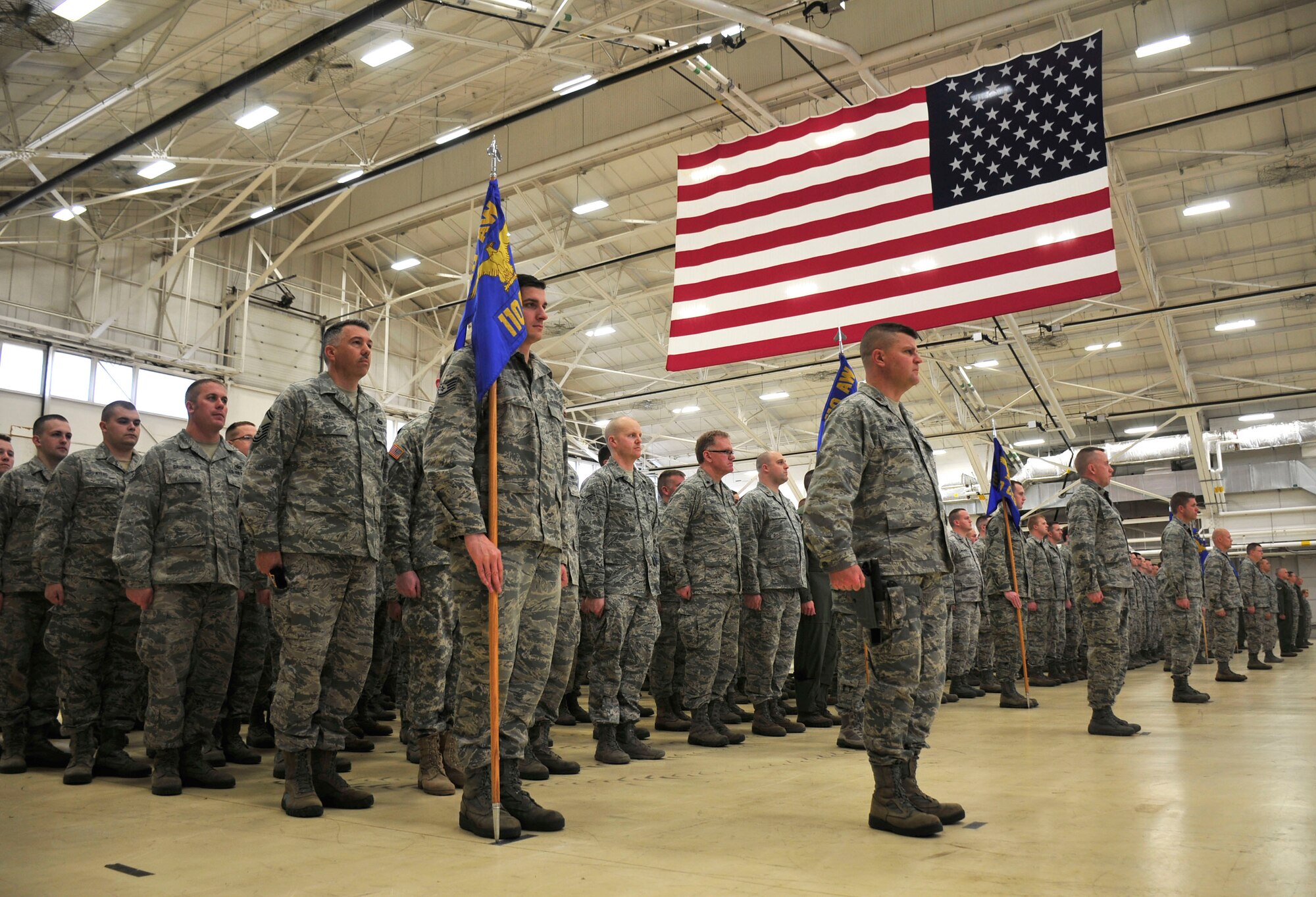 Col. Bryan Teff assumes command of the 110th Attack Wing, Battle Creek Air National Guard Base, Mich., Saturday, December 5, 2015 in the hangar of the Wing. Teff will be taking over the role of commander from Col. Ronald Wilson who has been the wing commander for three years. (Air National Guard Photo by Airman Tiffany Clark/released)