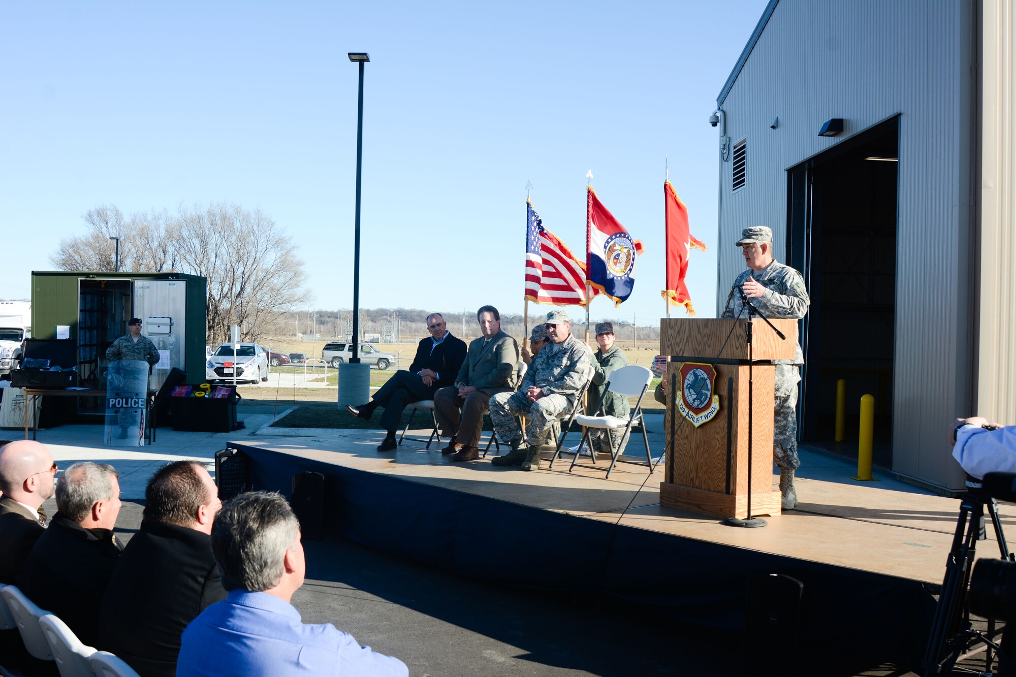 U.S. Army Maj. Gen. Stephen L. Danner, the adjutant general of the Missouri National Guard, speaks at a ribbon cutting ceremony at Rosecrans Air National Guard Base, St. Joseph, Mo., Dec. 10, 2015. The ceremony was for the opening of the 139th Airlift Wing’s new security forces building. The building is 6,000 square feet and will be used by the 139th Security Forces Squadron which is responsible for protecting the wing’s personnel and property. (U.S. Air National Guard photo by Tech. Sgt. Michael Crane)